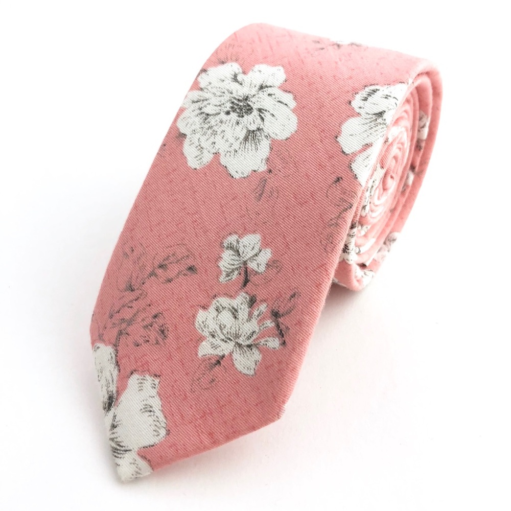 Men's Light Coral Pink Floral Slim Necktie